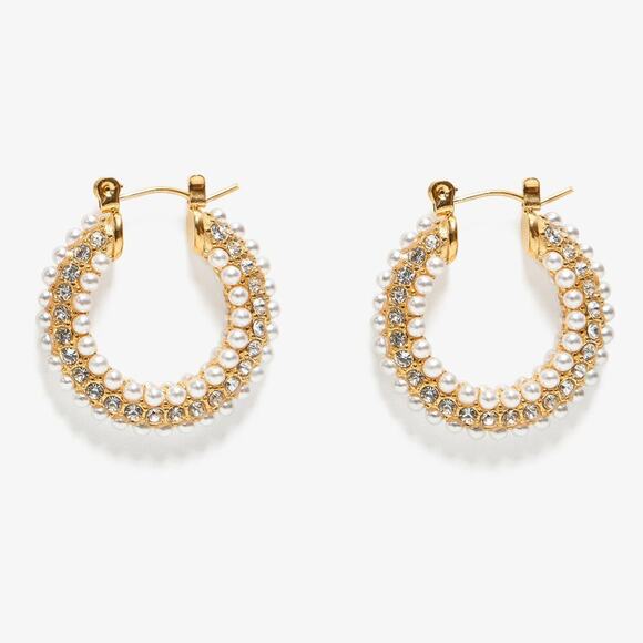 Zircon & Imitation Pearl Hoop Earrings 18K Gold Plated Stainless Steel - Picture 3 of 9